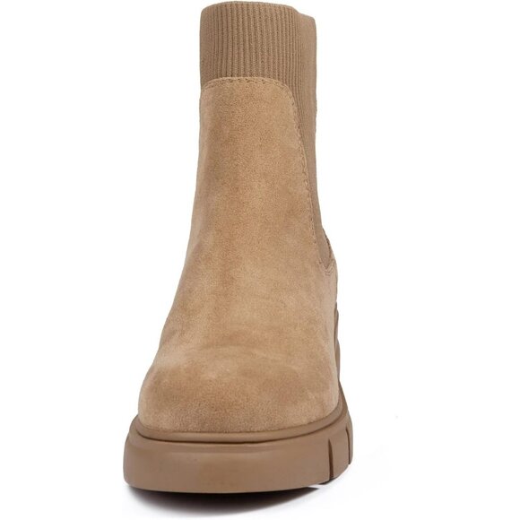 Women's Beige Suede Elastic Chelsea Boots Chunky Block Heel Platform Ankle Boots - Picture 3 of 7